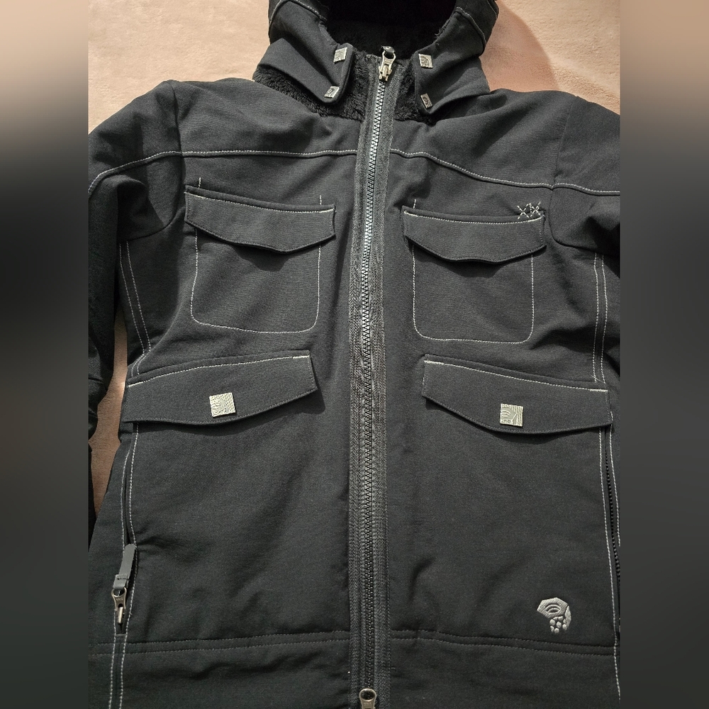 Mountain Hardwear Soft Shell Utility Moto Hooded Bomber jacket Coat black cozy S - Picture 2 of 15